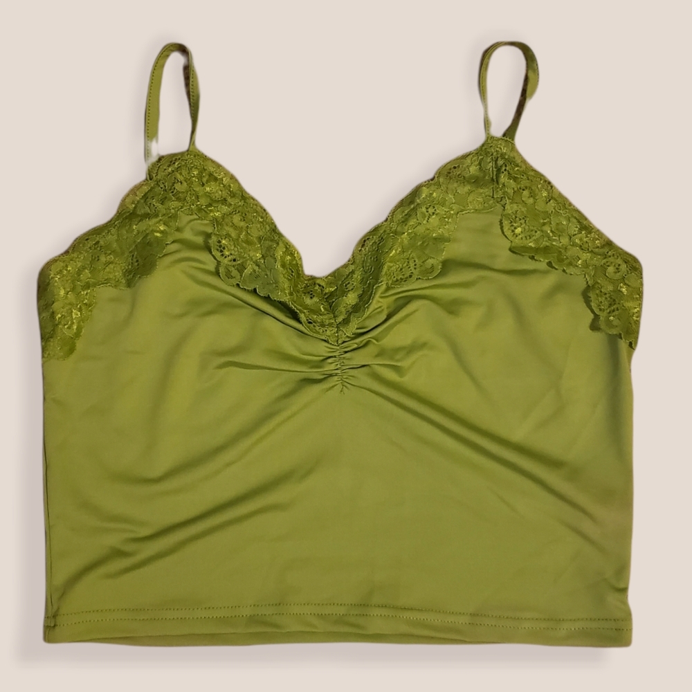 Shein, Large, Green Contrast Lace Runched Cami Top